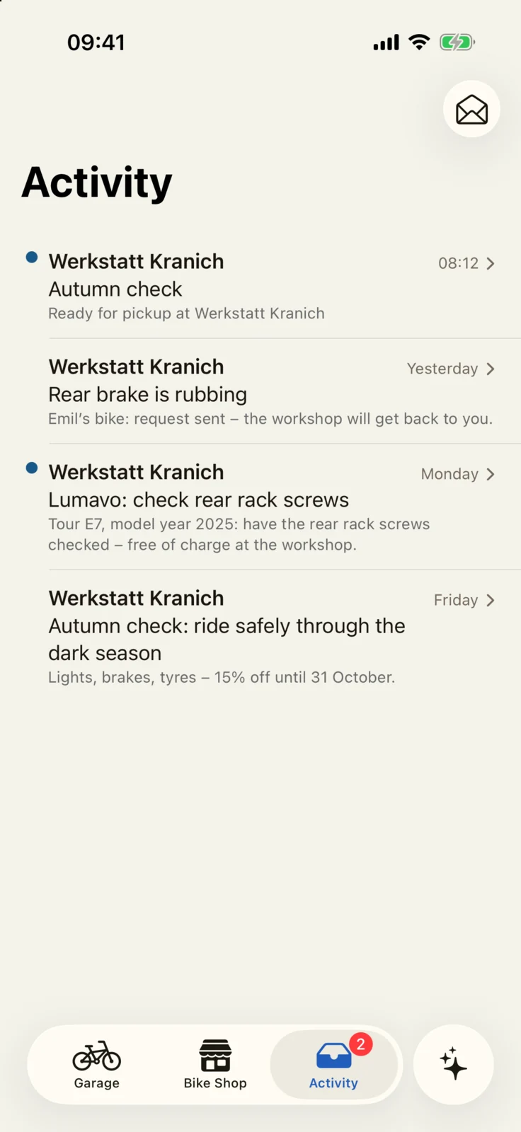 GoBike app: “Activity” tab with all events