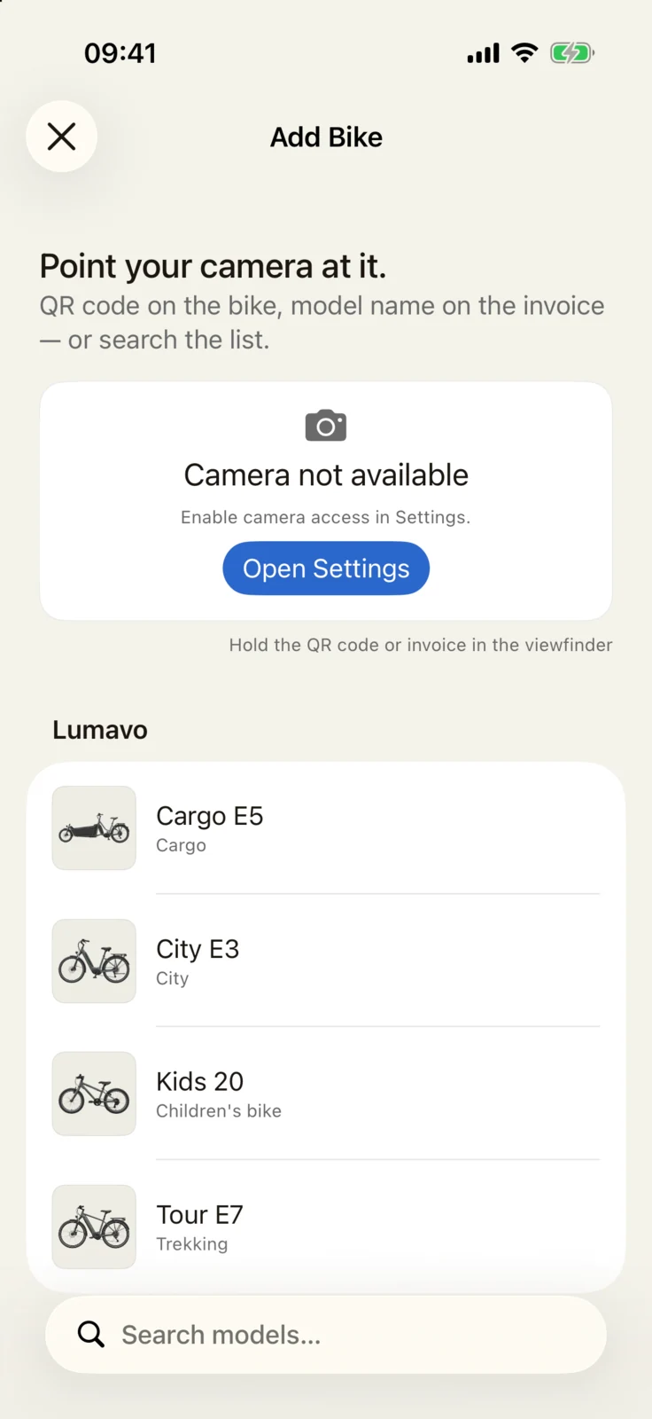 GoBike app: add a bike by camera, QR code, or model search in the catalogue
