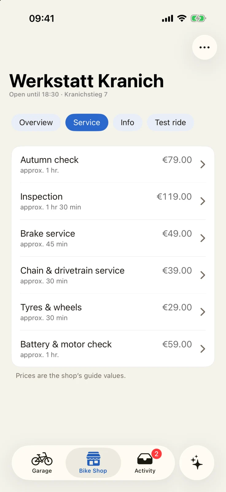 GoBike app: the workshop’s service menu with inspection, brake service, and other services, each with its duration