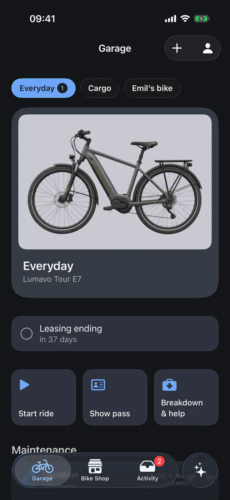 GoBike app: Garage with every bike in the household, dark appearance