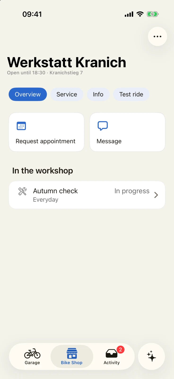 GoBike app: workshop page with Request appointment, Message, and the Autumn check in progress