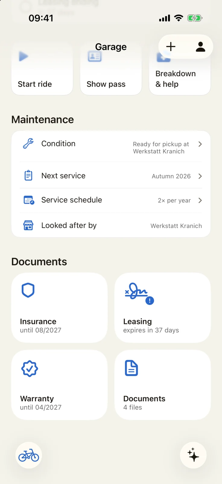 GoBike app: bike with maintenance (condition, next service, service interval twice a year, serviced by Werkstatt Kranich) and documents: insurance until 08/2027, lease ends soon, warranty until 04/2027, 4 documents