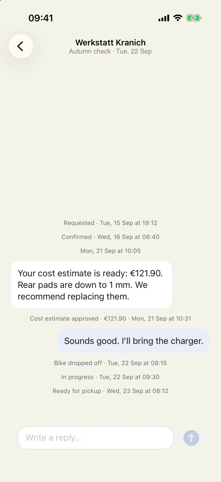 GoBike app: history of a workshop job with a cost estimate of €121.90, approved, then ready for collection