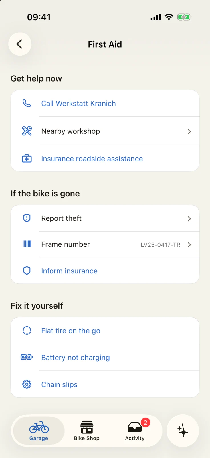 GoBike app: First Aid with options to call Werkstatt Kranich, find a nearby workshop, report theft, view the frame number and get help with a flat tyre, battery or chain