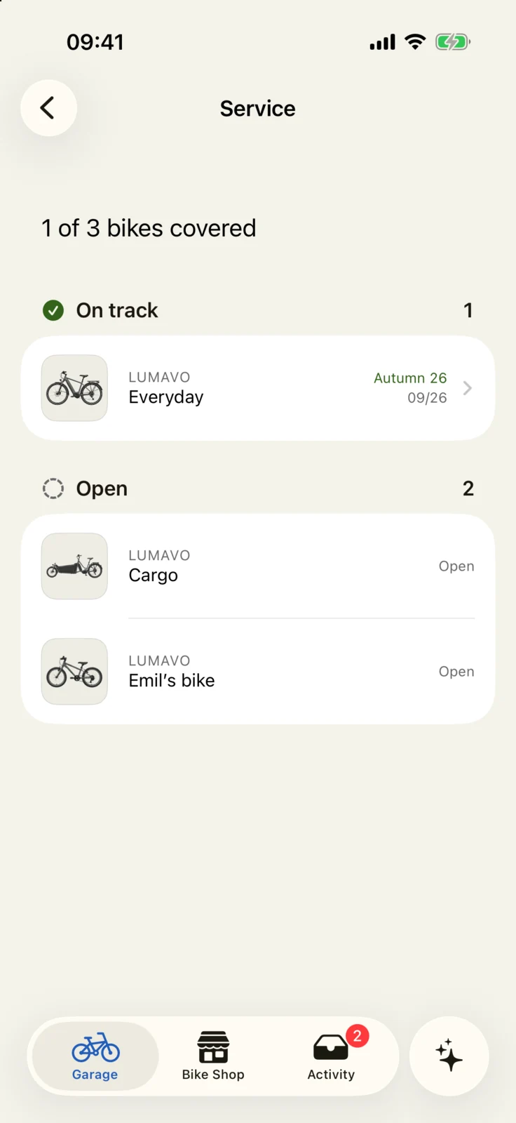 GoBike app: service overview; one bike has a booked appointment, two need a date