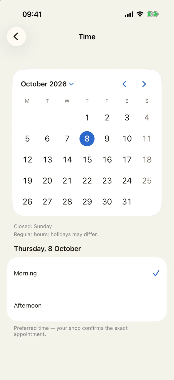 GoBike app: workshop calendar with a preferred time in the morning