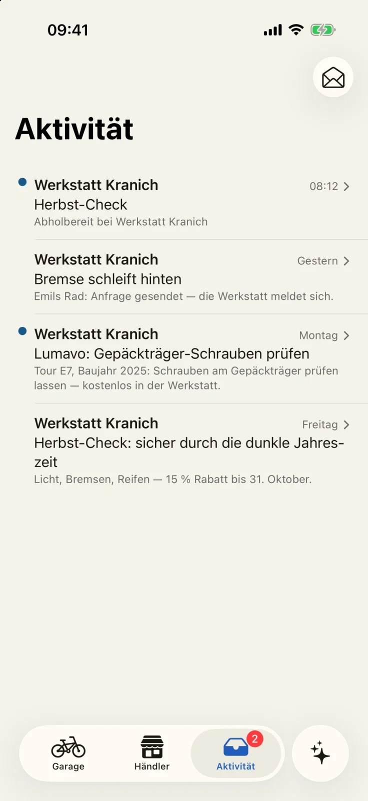 GoBike-App: Tab „Aktivität“ mit allen Vorgängen