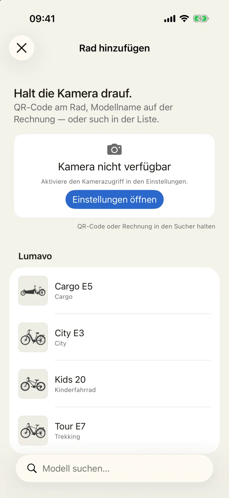 GoBike-App: Rad hinzufügen per Kamera, QR-Code oder Modellsuche im Katalog