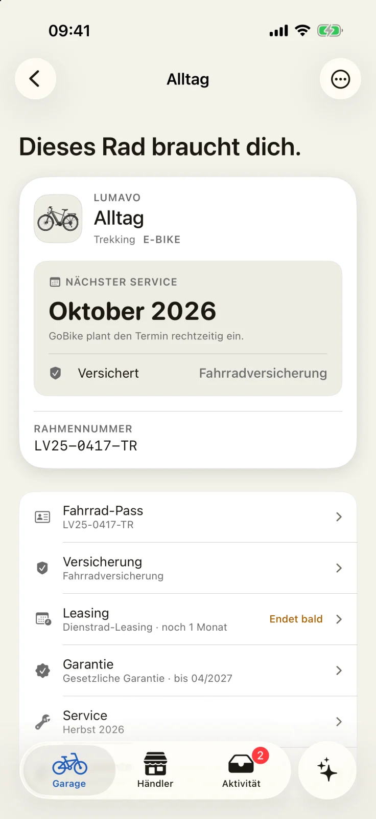 GoBike-App: Fahrrad-Pass des E-Trekkingrads „Alltag“ mit nächstem Service, Rahmennummer und Einträgen zu Versicherung, Leasing und Garantie