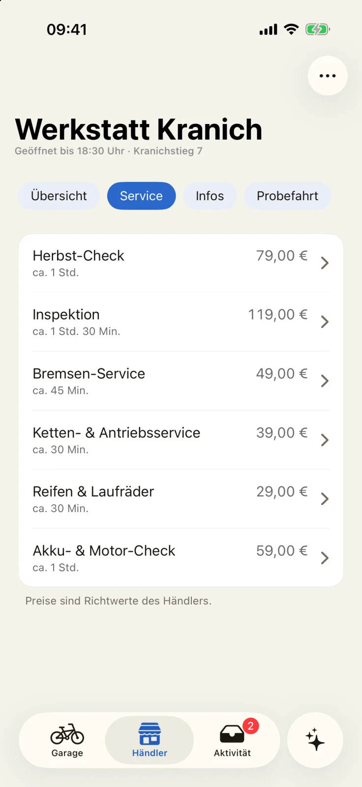 GoBike-App: Leistungskatalog der Werkstatt mit Inspektion, Bremsen-Service und weiteren Leistungen samt Dauer
