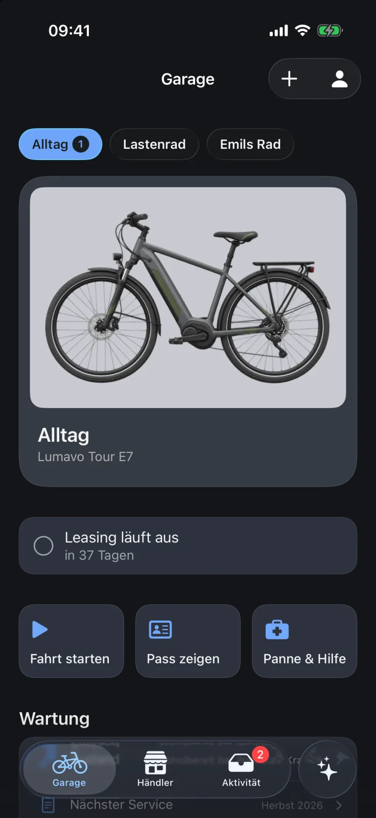 GoBike-App: Garage mit allen Rädern des Haushalts, dunkles Erscheinungsbild