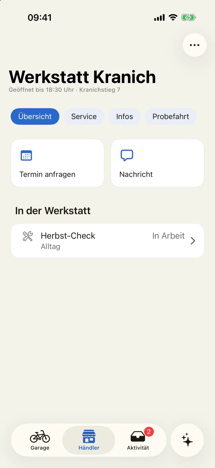 GoBike-App: Seite der Werkstatt mit Termin anfragen, Nachricht und dem Herbst-Check in Arbeit