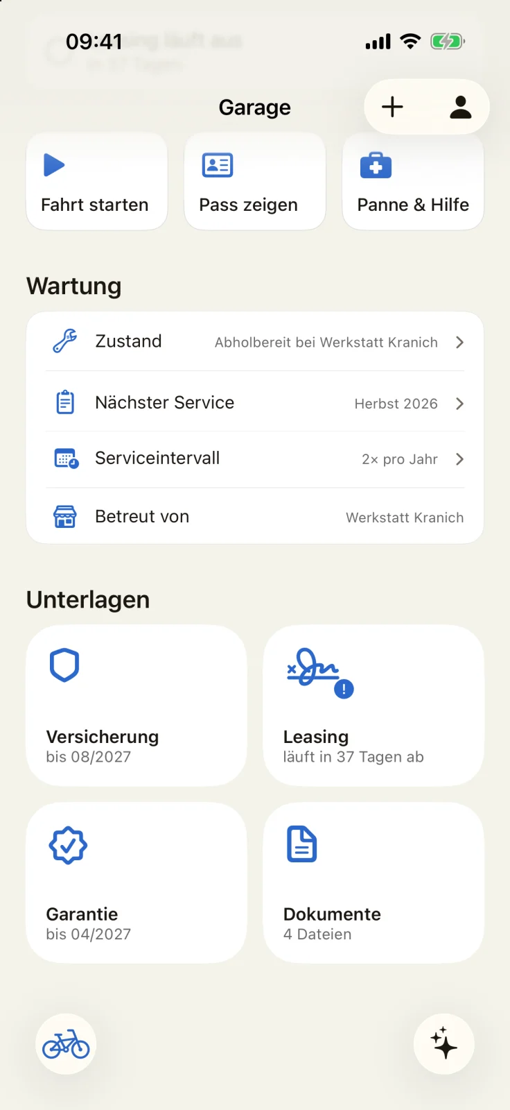 GoBike-App: Rad mit Wartung (Zustand, nächster Service, Serviceintervall zweimal im Jahr, betreut von Werkstatt Kranich) und Unterlagen: Versicherung bis 08/2027, Leasing läuft bald ab, Garantie bis 04/2027, 4 Dokumente