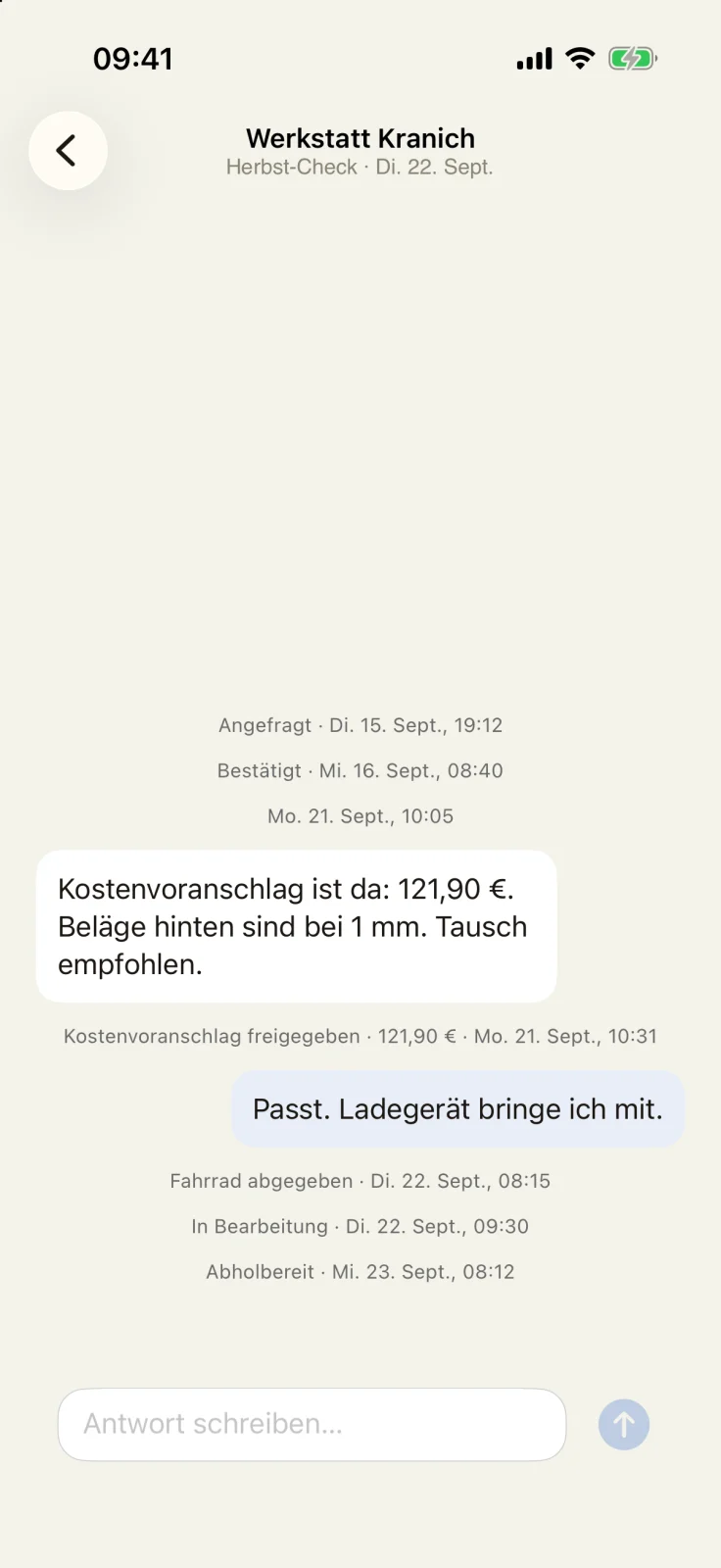 GoBike-App: Verlauf eines Werkstattauftrags mit Kostenvoranschlag über 121,90 Euro, freigegeben, danach abholbereit