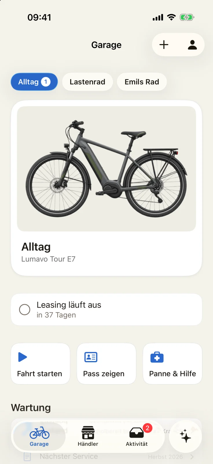 GoBike-App: Garage mit dem E-Trekkingrad „Alltag“, Hinweis auf auslaufendes Leasing und den Schaltflächen Pass zeigen sowie Panne & Hilfe