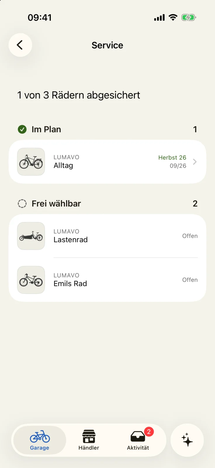 GoBike-App: Service-Übersicht mit einem Rad im Plan und zwei Rädern mit frei wählbarem Termin