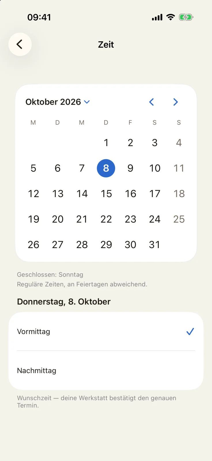 GoBike-App: Kalender der Werkstatt mit Wunschtermin am Vormittag