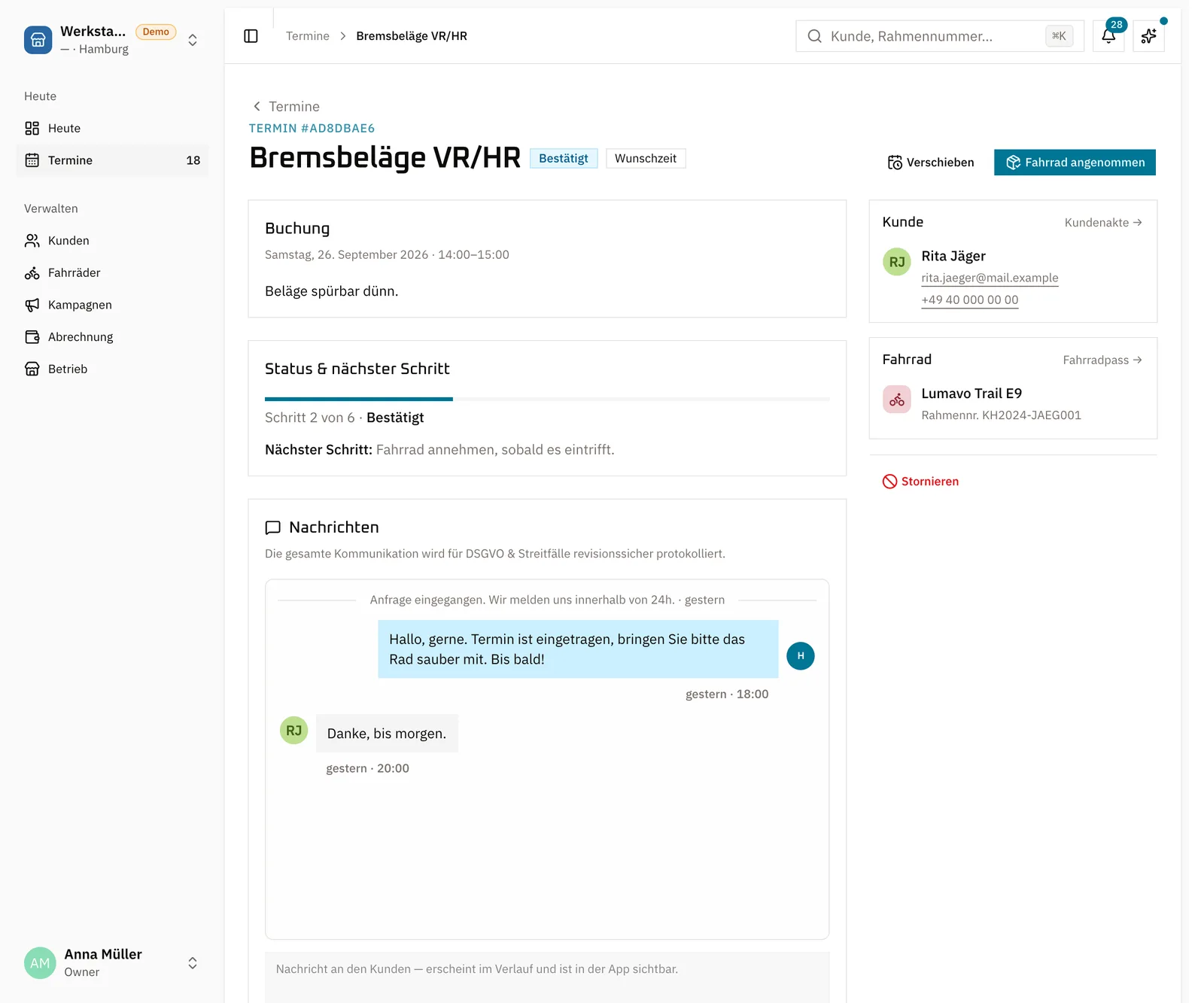 Partner-Portal: Detailansicht eines Termins mit Status, Zeitleiste und Nachrichten