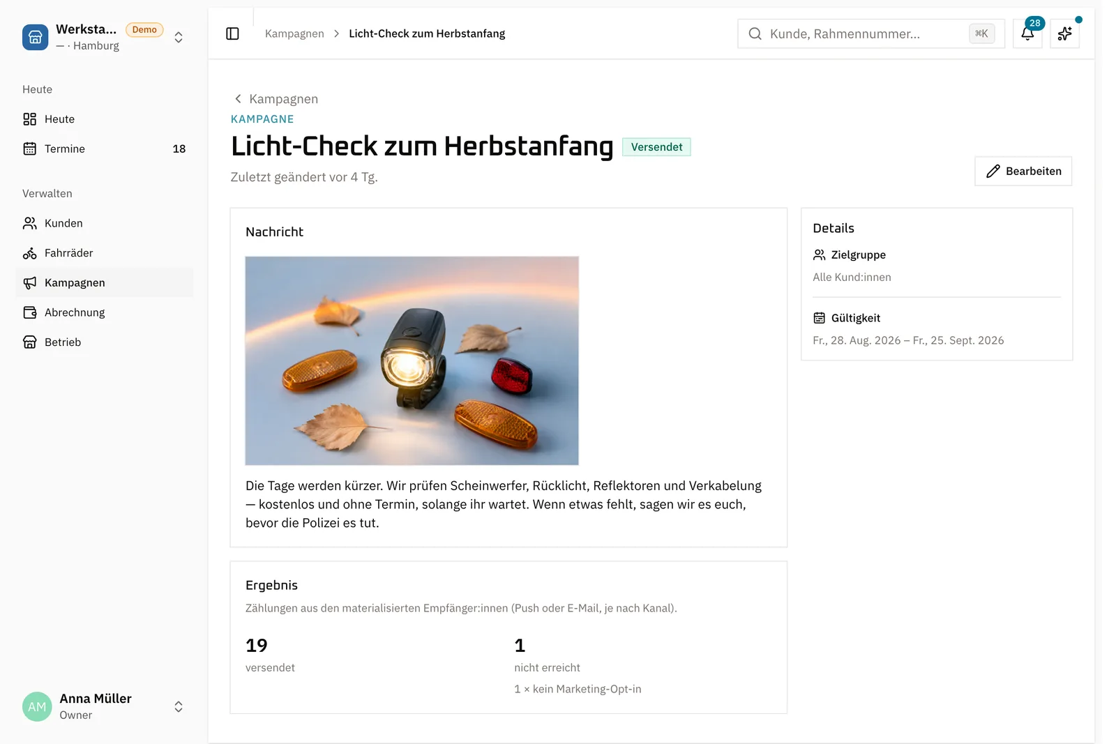 Partner-Portal: versendete Kampagne „Licht-Check zum Herbstanfang“ mit Nachricht, Zielgruppe, Gültigkeit und Ergebnis